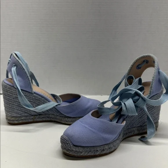 Stuart Weitzman Espadrille Wedges Heels Lace Up Ankle Strap Canvas Blue Size 6.5 - Picture 2 of 14